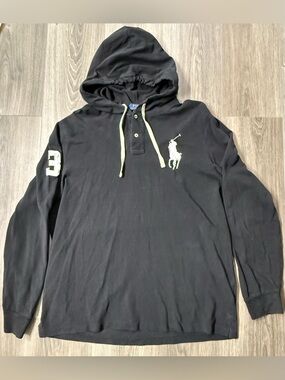 Polo by Ralph Lauren Black Hoodie Rugby Shirt Big Pony #3 Embroidered XL Men’s